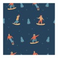Seamless pattern. Happy New Year. Vector illustration. A set of characters engaged in winter sports and recreation.